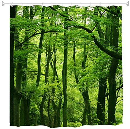 goodbath Grüner Wald Wasserdichtes Stoff Badezimmer-Duschvorhang-Set aus Stoff mit Haken,180 x 180 cm