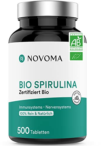 NOVOMA Spiruline 500 mg, 100% Pure Sans Excipient, Immunité & Anti-Fatigue, 19% de Phycocianine, Riche en Protéines, Minéraux & Vitamines, Conditionné en France, 500 Comprimés Vegan