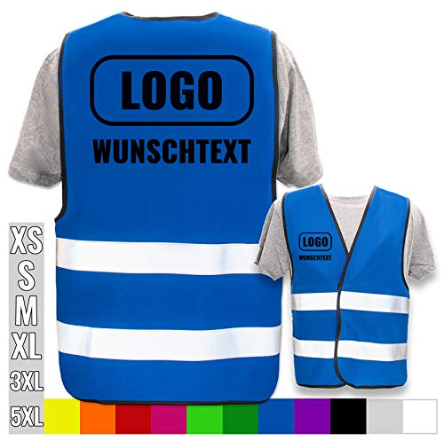 PixiPrints.com Hochwertige Warnweste mit Leuchtstreifen * Farbe: Blau (XL/XXL) * Druck: Rücken * bedruckt mit Name Text Bild Logo Firma * personalisiertes Design selbst gestalten