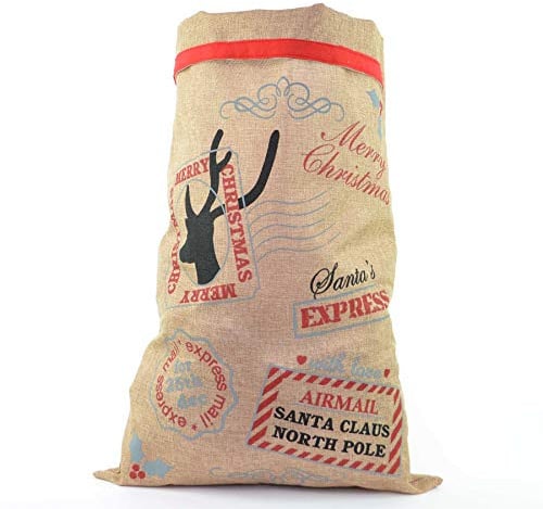 SHATCHI Großer traditioneller Vintage-Sackleinen-Weihnachtsstrumpf, Luftpost, nicht öffnen, Weihnachtszubehör, Weihnachtsgeschenktasche, 70 x 50 cm, Braun und Mehrfarbig