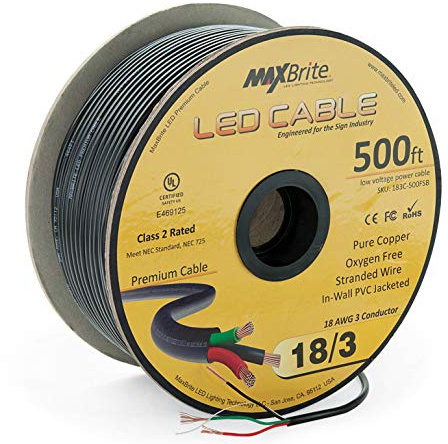 500 ft. 18AWG Low Voltage LED Cable 3 Conductor Black Sleeve in-Wall Speaker Wire UL/cUL Class 2 Certified