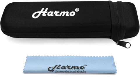 Harmo Harmonica Case for 16 Hole Chromatic Harmonica, Single Harmonica Protective Zippered Carrying Case, Storage Case with Cleaning Cloth - Fits Hohner, Suzuki, Seydel - Designed in USA