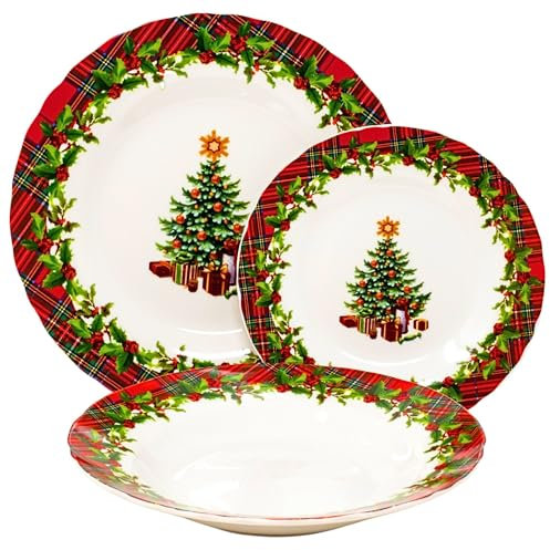NAMAI - Servizio Piatti Natalizi, 18 Pezzi, Adatti alla Lavastoviglie, Porcellana Resistente, Eleganza Natalizia, Set Piatti 6 Persone, Idea Regalo, Articoli Natalizi (SCOZZESE)