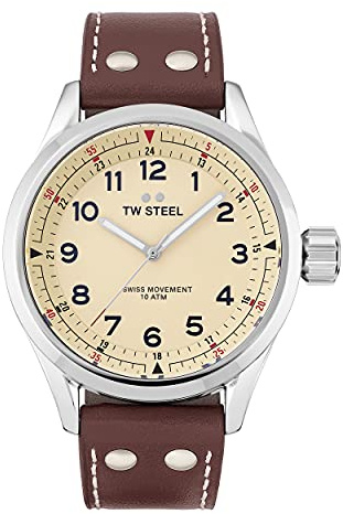 TW Steel Swiss Volante Herren 45mm Quarzuhr mit cremefarbenem Zifferblatt, braunem Lederarmband und Datumskalender SVS101