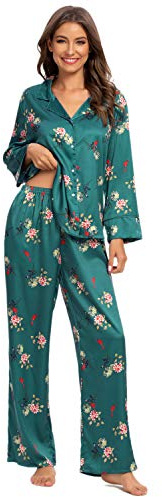 GOSO Pyjama en satin pour femme avec boutons et haut à manches longues et short - Bleu - XX-Large