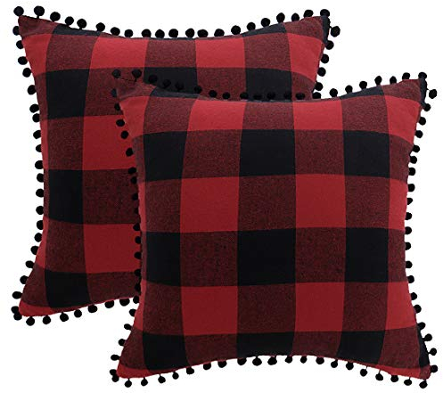 PiccoCasa Kissenbezug kariert 2er Set Dekokissenbezug mit Pompoms Dekorative Kissenbezug 45x45cm mit Verstecktem Reißverschluss Rot und Schwarz