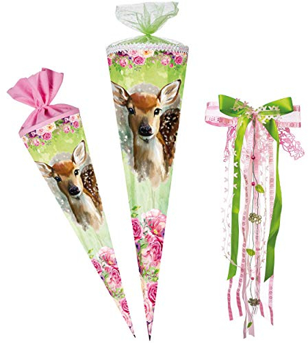 alles-meine.de GmbH Schultüte - süßes REH - Rehkitz & Blumen - 35-85 cm - Größe wählbar - rund - incl. große Schleife - Tüllabschluß - Zuckertüte - mit/ohne Kunststoff Spitze..