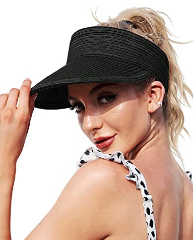 Wmcaps Strohhut Damen mit großer Krempe Faltbar Visor Cap Sonnenhut für Sommer Sonnenschutz Sport Strand Hut Sommerkappe für Strand Golf (Schwarz)