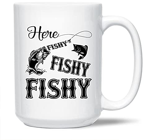 Angeltasse, Geschenkideen für Männer und Frauen, hier ist Fische, weiße Kaffeetasse, lustige Angeltassen, tolle Keramik-Teetasse, 425 ml