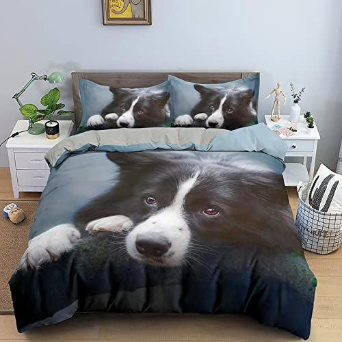 YSWFGE NYSMGS Border Collie Bettbezug 135x200cm Mit Reißverschluss Tier Hund 3 Teilig Bettwäsche Set 3D-Druck Ultraweiche Mikrofaser Bettbezug mit 2 Kissenbezügen 80x80 cm Für Kinder Jugend