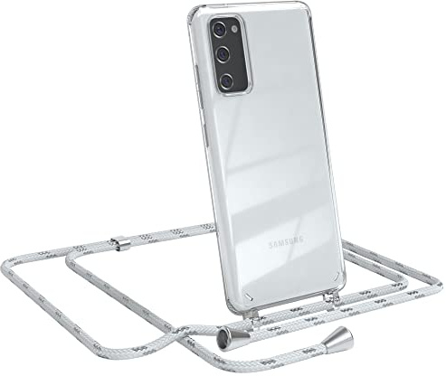 EAZY CASE Handykette kompatibel mit Samsung Galaxy S20 FE / S20 FE 5G Handyhülle mit Umhängeband, Handykordel mit Schutzhülle, Silikonhülle, Hülle mit Band, Stylische Kette mit Hülle, Weiß/Silber