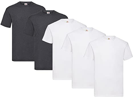 Fruit of the Loom Pack of 5 T-Shirts, 3 x White + 2 x Dark Heather + 1 HL Kauf Notepad, Size 3XL