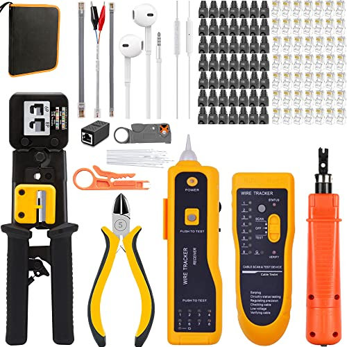 MAYLINE-TECH Crimping Tool CAT5/CAT6/Cat5e Cable Crimper Network Repair Kit, RJ45/RJ11/RJ12 Crimp Stripping Cutter Set, Professional Wire Crimping Tester Tools, End-Pass-Through Connectors (Orange)
