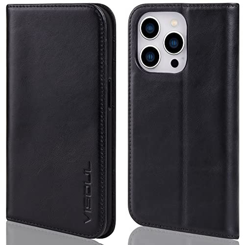 VISOUL Hülle für iPhone 14 Pro Handyhülle Erstklassiges Echtleder Schützt vor Stoß 3 Kartenfächer Magnet Standfunktion TPU RFID Schutzhülle Lederhülle Schwarz