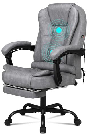 ELFORDSON Massage Office Chair with Footrest 2 Points Vibration, Office Desk Chairs for Heavy People, Reclining Chairs Ergonomic Executive Chair, Height Adjustable, 360° Swivel, PU, Vintage Grey