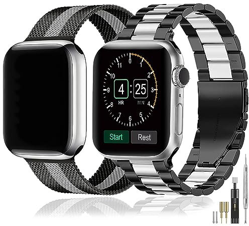 baklon 2 Pezzi Cinturino in Acciaio Inossidabile Compatibile con Apple Watch 38mm 40mm 41mm 42mm(Series 10) e Series SE3 2 1/ Ultra3 2 1/11 10 9 8 7 6 5 4 3 2 1, Nero su Argento