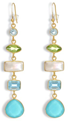 MadamLili - Ohrringe Gold Multi Edelsteine - 925 Sterling - Aquamarin Chalcedon Mondstein Peridot - Edelstein Ohrhänger Schimmernd - Exklusive Schmuckbox (925 Silber Vergoldet)