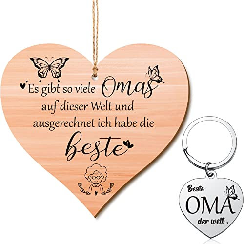 Patelai 2 Stück Beste Oma der Welt Geschenk Set - Herz Holzschild mit Organzasäckchen und Herzförmig Schlüsselanhänger - Großmutter Geschenk für Erntedankfest, Weihnachten, Geburtstag, Muttertag