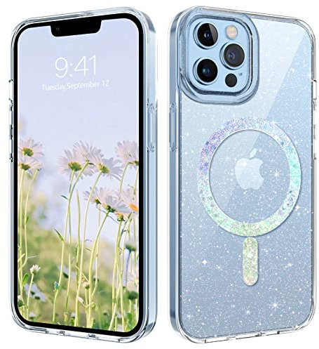BENTOBEN for Phone Case for iPhone 13 Pro Max Magnetic [Compatible with Mag safe], Clear Glitter Protective Cover Slim TPU Transparent Shockproof Bling Sparkly Phone Cover for iPhone 13 Pro Max 6.7
