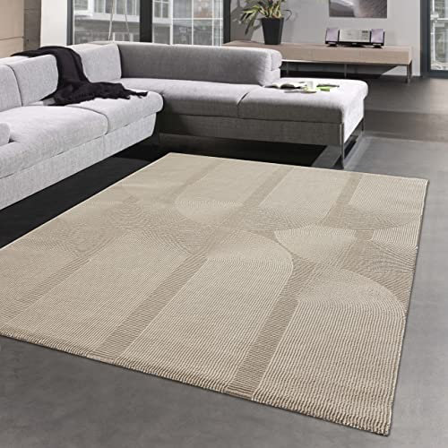 CARPETIA Recycelter Teppich mit ovalen Kreisformen liniert • umweltfreundlich • beige, 120 x 170 cm