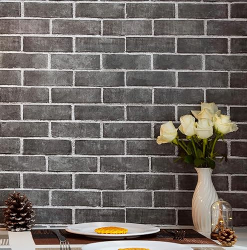 HeloHo 17.7'' X 118'' Grey Brick Wallpaper Peel and Stick Wallpaper Self-Adhesive Removable Wallpaper Brick 3D Textured Wallpaper for Kitchen Backsplash Living Room Bedroom Decor
