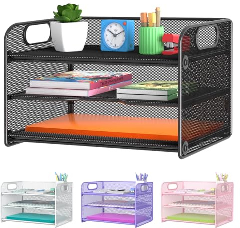 Samstar Briefablage mit 3 Ebenen, Papier-Organizer mit Griff, Netz-Schreibtisch-Organizer, Papiersortierer, Aktenregal, Regale, Schwarz