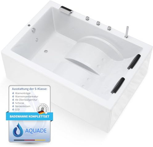 AQUADE Acryl Badewanne 180x130 cm Modell: Marburg Hergеstellt in Dеutschland - Weiß Badewannen Komplettset mit Wannenfüßen + Schürze + Ab-Überlaufgarnitur + Wannenrandarmatur + Nackenkissen + LED