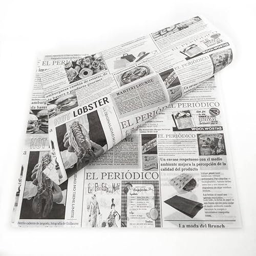 BALSAT | Papel Antigrasa con Estampado Periódico 28x31 – Caja de 1000 Hojas | Apto para Contacto con Alimentos | Hamburguesas, Aperitivos, Fritos...