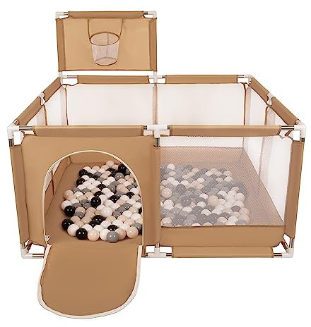 Selonis Laufstall Mit Korb Und 100 Bälle Laufgitter Für Kinder, Beige:Pastellbeige/Grau/Weiß/Schwarz