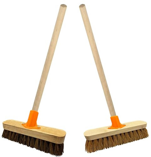 Traditional Wooden Sweeping Brushes Indoor/Outdoor With Handle 10 Coco & 12 Bassine With Support Bracket Home, Garage & Yard Sweeping Broom (1, 10 Coco (With Support Bracket & Handle))