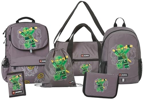 SKANDO BAGS Lego Ninjago Schulranzen Set Jungen & Mädchen ab 1. Klasse - 6-Teilig - Schulrucksack, Federmappe (Gefüllt), Turnbeutel, Kleinerer Rucksack, Geldbörse und Sporttasche, Grün