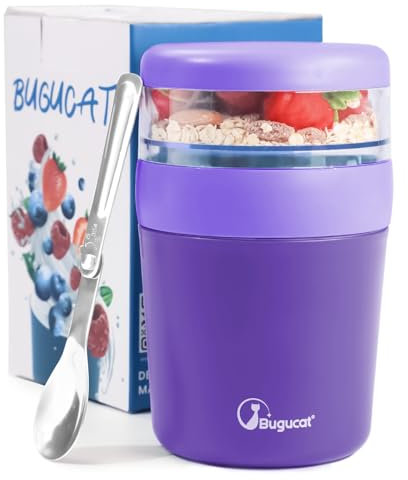 Bugucat Tazza Yogurt to Go, Tazze Cereali 500ML+150ML, Portatile Cucchiaio Tazza Contenitore Yogurt con Cucchiaio, Plastica Tazze Cereali, Yogurt Frutta Contenitore, Tazza di Muesli To Go, Viola