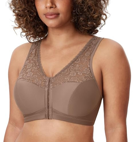 DELIMIRA Women's Front Fastening Bras Lace Wireless Plus Size Full Coverage Racerback Support Bra Brown Purple 42G