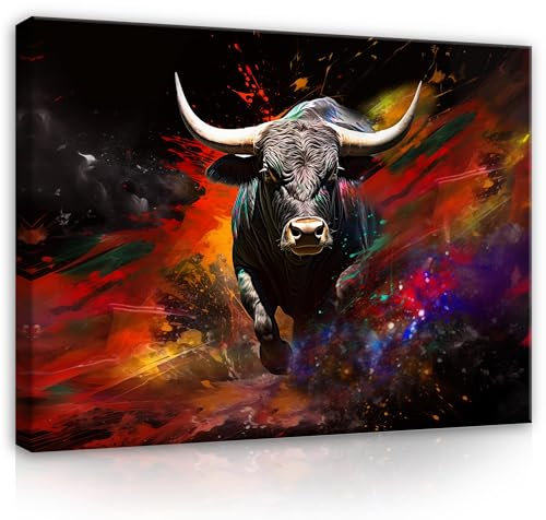 WallArena - Leinwand Bilder - Stier Abstrakt Tiere Schwarz Rot - 60x40 cm Leinwandbilder - Bild auf leinwand - Wandbild XXL groß Wandbilder für Wohnzimmer Schlafzimmer Wohnzimmerbilder Modern