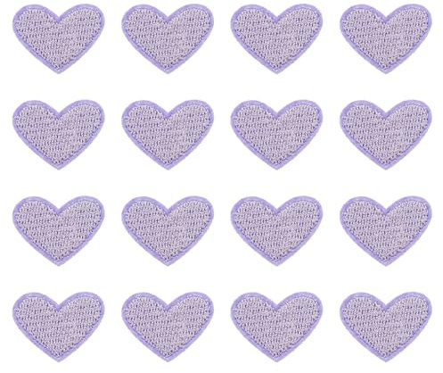 PATIKIL Stoffflicken zum Aufbügeln 2x2.5cm Bügelflicken 16 Packung Aufnäher Herz Form Bestickte Liebe Applikationen für Kleidung Jacken Hut Rucksack Reparieren Dekorationen Hell Lila