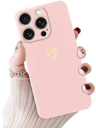 Vauki Coque pour iPhone 15 Pro Max 6.7, Ultra Fine Antichoc Etui en Silicone TPU Souple Kawaii Gold Coeur Motif Housse pour iPhone 15Pro Max Protection Complète Case pour Fille Cover, Rose Pâle