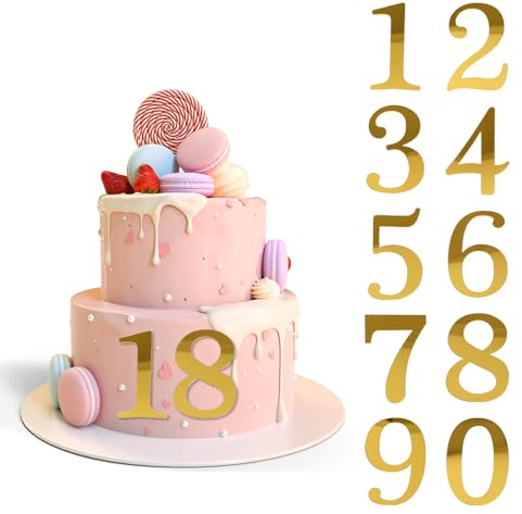 3.7 IN 0-9 Gold Birthday Number Cake Toppers Large Golden Acrylic Cake Numbers Topper Acrylic Wedding Party Cupcake Toppers Cake Decorating Supplies for Birthday Wedding Anniversary Party