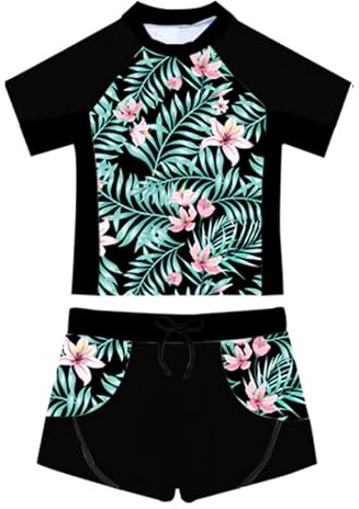 Fldy Mädchen UV Badeanzug 2-Teiliger Kurzarm Oberteil Shorts Kurze Hose Set UPF 50+ Bademode Kinder Schwimmbekleidung Strandmode Sommerlilie-Rosa_A 146-152
