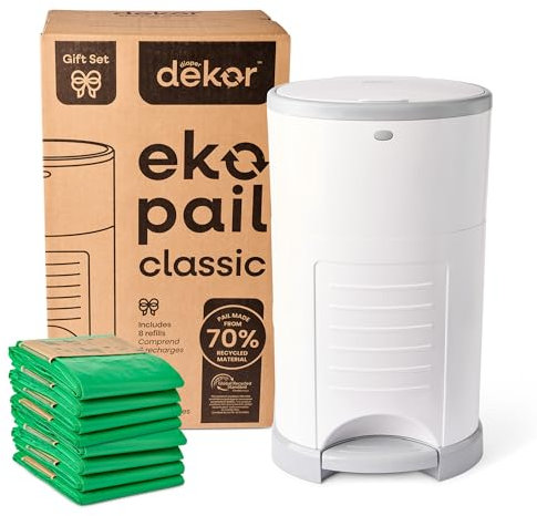 DEKOR Diaper EKO Ensemble cadeau classique poubelle à couches blanche, poubelle à couches écologique fabriquée à partir de 70% de matériaux recyclés, livrée avec des recharges Diaper jusqu'à un an