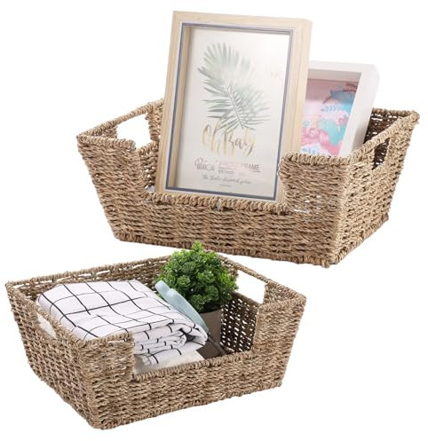 Cestas Almacenaje Trenzada, Set de 2 Cesta de Almacenamiento de Mimbre, Cestas Tejidas con Asas, Apilables Caja Organizadora, para Baño, Cocinas, Oficinas, Sala de Estar, Algas Marinas