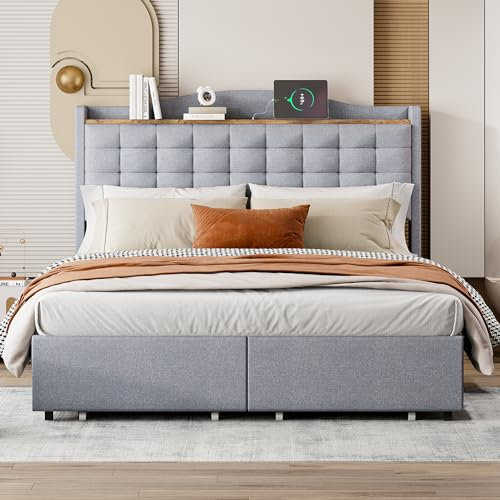 I0I&I0I Polsterbett, Nachttisch mit USB-Ladeanschluss und Ablage, Doppelflachbett mit 4 Schubladen, Leinenstoff Grau (140 * 200 cm)