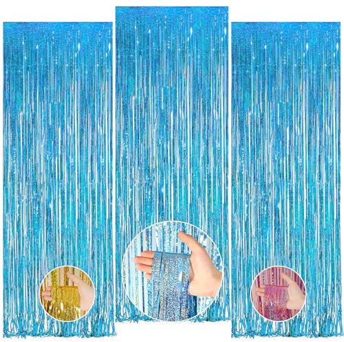 Kulamo 3 Pièces Rideau Métallique de Frange, 2m Rideau à Franges Aluminium Brillant pour décorer Toile de Fond Anniversaire/Porte/Fenêtre/Fête/Mariage/Mur, Bleu