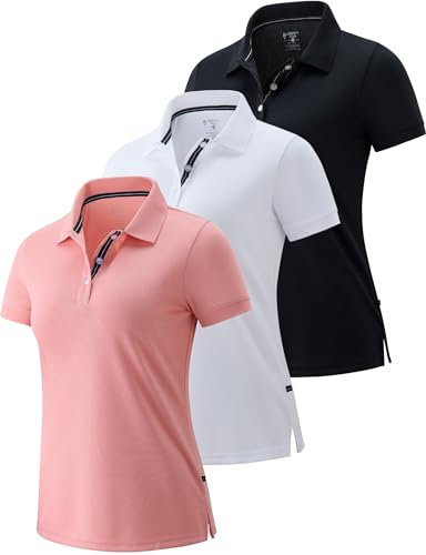 Sportliche Damen-Polo-Shirts, trockene Passform, feuchtigkeitsableitend, kurzärmelig, Kragen, Golf-T-Shirt, Tennis-Top, 3er-Pack, Pink/Schwarz/Weiß, Groß