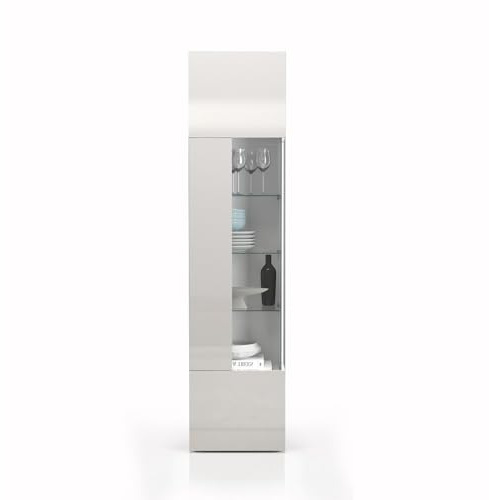 WHOUS Vitrine EGYPT pour salon avec 1 porte et 5 étagères, vitrine d'exposition pour salon en bois, 45 x 34,2 x 190 cm, blanc laqué brillant