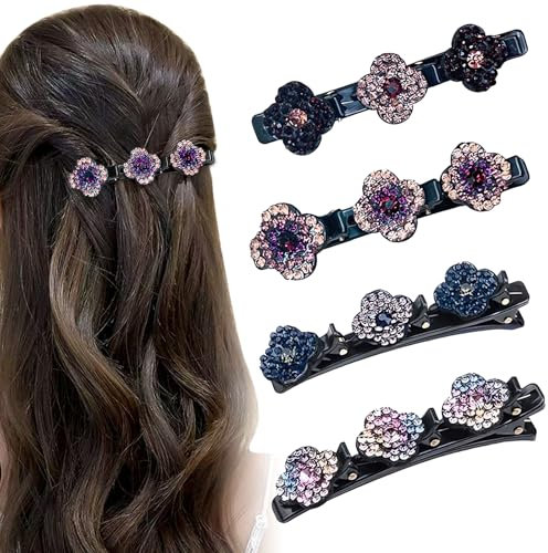 Haarspange mit funkelnden Kristallsteinen, Haarspange mit 3 Clips Kolibri, Geflochtene Haarspange Mädchen, Doppelschicht Haarspange, Kreieren sie eine Vielzahl Stilvoller Frisuren, Gemischt, 4 Stück