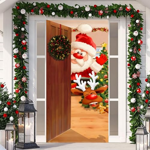 Decoración Navidad Puerta Cubierta, Decoración Puerta Navidad, Decoracion Navideña Entrada Exterior Interior Casa, Papá Noel Reno Tela Cortina Decorativa Pancarta Cartel Telón Fondo Fotos, 200x90 cm
