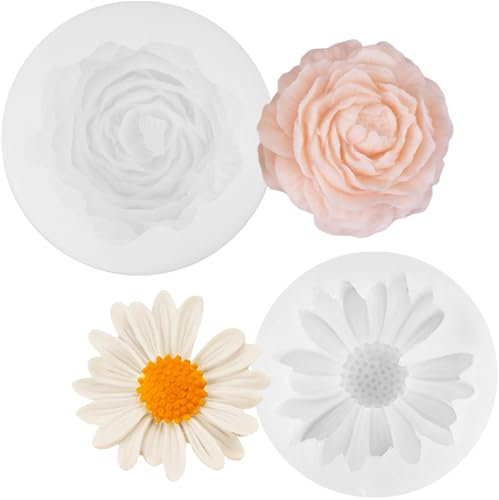2 Piezas Moldes para Velas Peonía y margarita, molde de silicona de flores, Molde Silicona Velas Flor, para hacer jabón de aromaterapia, moldes para hornear chocolate, blanco