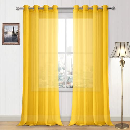 DWCN Gelbe transparente Vorhänge mit Ösen in Leinenoptik, halbtransparent, für Schlafzimmer, Wohnzimmer, Set mit 2 Paneelen 132 x 250 cm lang, Gelb