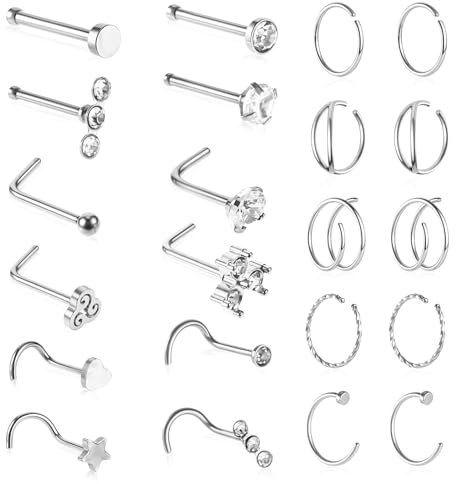 Tucnoeu 22pcs Nasenpiercing Stecker Nostril Piercing Set Nose Piercing Chirurgenstahl Nasenringe Nasenstecker für Damen und Herren