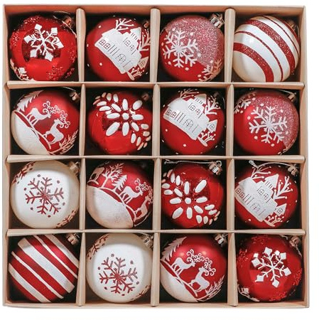 Valery Madelyn Weihnachtskugeln 16 Stücke 6CM Kunststoff Christbaumkugeln Weihnachtsdeko mit Aufhänger Weihnachtsbaumschmuck für Weihnachtsdekoration Traditionelles Thema Rot Weiß(M)